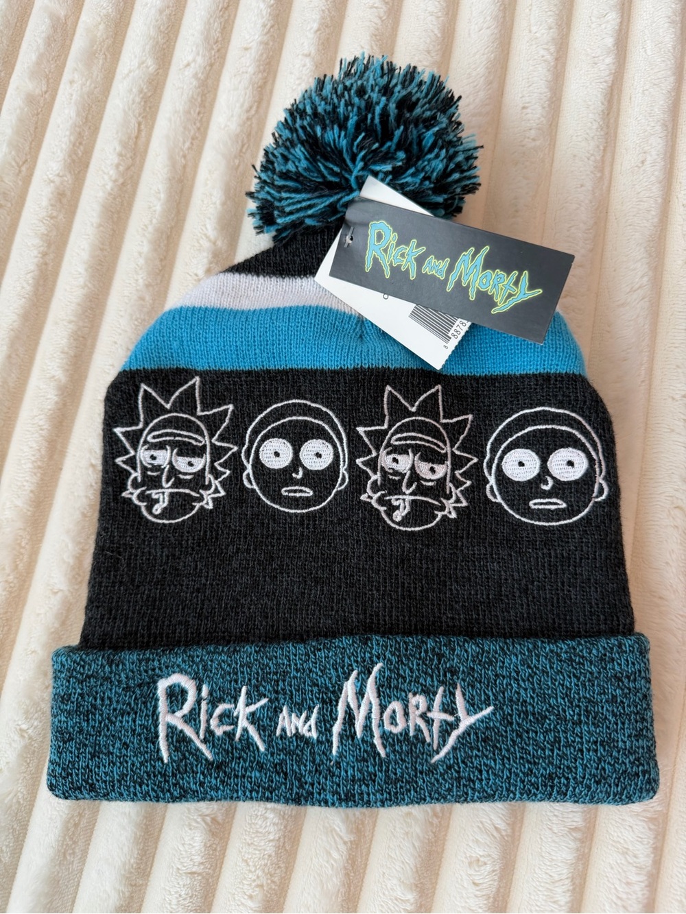 NWT Rick and Morty Black & Blue Pom Beanie Hat